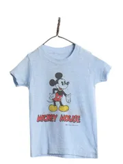 【お得なクーポン配布中!】 70s ミッキー 染込み 両面 プリント Tシャツ キッズ ベビー 90cm 程 ヴィンテージ ディズニー オフィシャル キャラクター イラスト ブルー