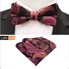 蝶ネクタイ　ポケットチーフ　ペイズリー柄　2点セット　結婚式 発表会 パーティー イベント ダンスパーティー バーテンダー 　パープル 紫色　ゴールド 金色 ビジネス スーツ ワイシャツ 格安 ワンタッチ　卒業式　卒園式　入学式　入園式　入社式　父の日