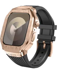 ★YOFITAR for Apple Watch バンドとケースと背面ケースの3in1一体型デザイン 45mm/44mm apple watch Series 9/SE/8/7/6/5/4対応 (45mm/44mm，ローズゴールドケースとブラックベルト)