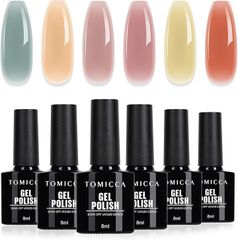 TOMICCA Color Gel Nail Art Set (6 colors, 8ml each) - Sheer, UV/LED Compatible, Summer Polish Type, Suitable for Beginners & Professionals (for drawing designs)