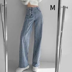 M 4連ボタン デニムス トレートパンツ ハイウエスト 美脚 脚長 着やせ