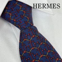 HERMES エルメス ネクタイ 総柄 シルク100% ブルー×えんじ 幾何学
