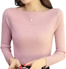 GIVEK ニット 長袖 ボート ネック レディース リブ編み タイト トップス Free Size( ピンク,  Free Size Slim)