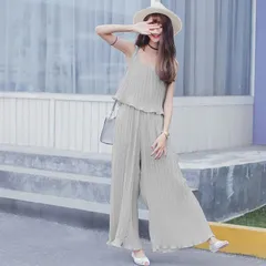 オールインワン レディース サロペット 体型カバー キャミワイドパンツ パンツ レディースサロペ グレー 無地 20代 30代 40代 美シルエット プリーツ シフォン生地 コンビネゾン つなぎ ガウチョパンツ パンツドレス ゆったり dd164ze