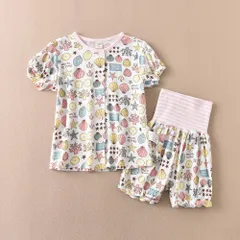 ☆ Dタイプ×シーシェル ☆ 90cm（腹巻付き） ☆ 子供 パジャマ 前開きタイプ 上下セット キッズ パジャマ 前開き 半袖 ルームウェア 部屋着 ナイトウェア 寝間着 寝巻き 寝衣 女の子 男の子 綿100% コットン100 上下セット セットアップ