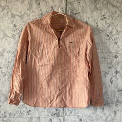 CROCODILE クロコダイル　シャツ　【M】　ストライプ　サーモンピンク　白　ホワイト　ピンク　ブルー　長袖　薄手　春夏　カジュアル