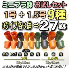 ミニプラ鉢専門店＊ミニプラ鉢1号鉢6種＋1.5号3種⇒各3鉢の合計27鉢＊お買い得お試しセット※1回限り＊多肉植物・塊根植物コーデックス・アガベ・サボテン・観葉盆栽・ハオルチア・アデニウム・パキポディウム＊グラキリス・実生・一寸鉢・ミニ鉢＠フラワーショップ江口のサムネイル