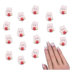 ネイルパーツ うさぎ 動物 イチゴ 11.5ｍｍ ピンク 白 兎 50個 アニマル 苺 果物 3D 樹脂 ぷっくり レジン デコパーツ アクセサリー ハンドメイド 手芸 パーツ BD4019