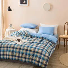 【新着商品】シングルロング 掛け布団カバー チェック柄 ブルー 通年 三幸 全開