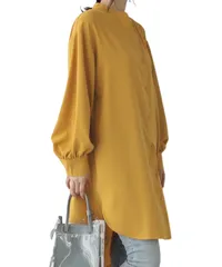 [Elixio] [エリクシオ] ゆったり シャツワンピース ワンピース レディース チュニック シャツ 長袖 薄手 襟なし ノーカラー 羽織り パフスリーブ 大きめ 体型カバー カジュアル 秋 秋服 (L, イエロー) [イエロー] [L]