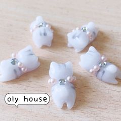 ぐで猫シリーズ　白虎猫首輪@1   5匹セット　レジン　パーツ