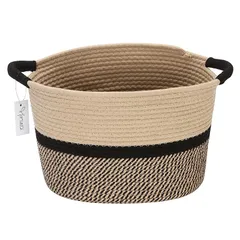 Hinwo 収納バスケット コットンロープバスケット 洗濯かご ランドリーカゴ ランドリーバスケット 持ち手付き 折りたためる 洗濯物入れ 大容量 (楕円形 リネン 33X26X25cm) 0