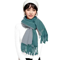 [Hopsooken] マフラー レディース 人気 カシミヤタッチ ストール 大判 マフラー ファッション 冬 厚手 両面 使える 無地 学生 誕生日プレゼント フリンジ生地 襟巻き 秋冬定番 クリスマスプレゼント (グリーングレー)