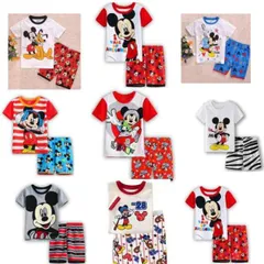 送料無料 子供パジャマ 男の子 女の子 プリントキッズ 子供服 ジュニア こども 上下セットルームウェア パジャマ 半袖＆半ズボン ディズニー (ミッキー マウス) 90cm〜130cm 薄手綿100％ 春用 夏用 秋用