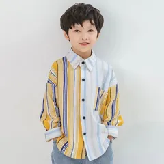 長袖 シャツ アウター トップス ストライプ柄 羽織り 切替 キッズ 子ども 子供服 男の子 春 秋 通園 通学 おでかけ おしゃれ カジュアル ジュニア KCFC041(110-160)のサムネイル