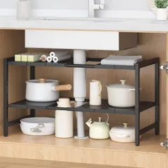 【新品】シンク下収納 伸縮式 2段 キッチン下収納 台所スチールラック 組み立て簡単 省スペース 伸縮収納棚 食器収納のサムネイル