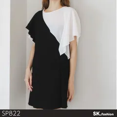 美品 ZARA ザラ ワンピース ミニ丈 半袖 バイカラー フレアスリーブ アシンメトリー デザイン 　ブラック　 【SP822-00】 送料無料　古着　レディース