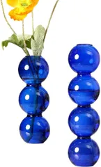 Queen-b 花瓶 ガラス 大小2個セット おしゃれ 一輪挿し フラワーベース 造花 生け花 北欧 花器 かわいい 丸 シンプル 円柱 透明 インテリア 飾り 装飾 室内(ブルー,  16.8x6x6cm　22.6x6x6cm)