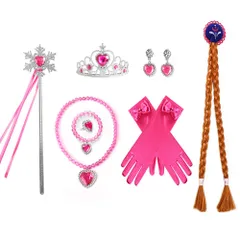 ☆ ローズピンク ☆ プリンセスグッズ 仮装 女の子 プリンセスグッズ 仮装 女の子 8点セット なりきりセット プリンセス 変身セット ティアラ ステッキ 杖 三つ編みウィッグ グローブ ネックレス イヤリング 指輪 ブレスレット コスチューム コスプレ