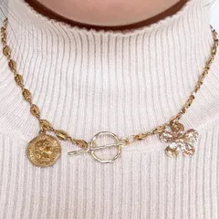 ゴールド　コインパーツ×メタルフラワー　マンテル　シンプル　ネックレス☺︎