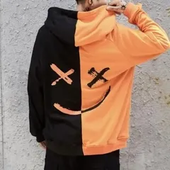 オレンジ×黒　　バイカラー 　ニコちゃんプリントパーカー