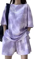 [エンプティオ] リラックスウェア 可愛い 短パン ルームウェア 上下セット レディース 部屋著 パジャマ ショートパンツ 上下 セットアップ トップス ズボン 総柄 丈長め 寝心地 半ズボン 肌触り ラクユメ ラフ ショーパン [タイダイ柄パープル] [S]