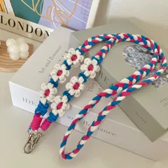 🌸マクラメお花ショルダーストラップ🌸みつあみブルー×ローズのサムネイル
