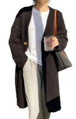 L_ブラック [ririka] リリカ ロング カーディガン ニット ケーブル Vネック 長袖 羽織 かわいい アウター オフィス ルームウェア 体型カバー カジュアル レディース(L,ブラック)