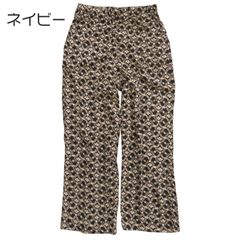 レーヨン　クレープ　ダマスク調プリント　リラックスパンツ　【ネイビー】レディース　M~Lサイズ　ゆったり　涼しい　送料込み