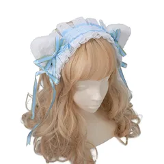 ヘッドドレス 猫耳 ロリィタ ヘア バンド アクセ メイド もふもふ 猫みみ フリル レース 水色