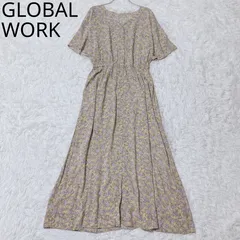 グローバルワーク　ワンピース　花柄　ウエスト　ゴム　ポケット　上品　シンプル　華やか　イエロー系　Lサイズ