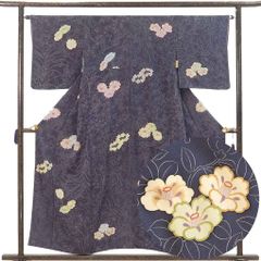 小紋 身丈156cm 裄64cm 前幅26cm 後幅30cm 袖丈49cm 袖幅32.5cm レディース 袷 花柄 裄Mサイズ 秋冬春用 正絹（シルク）パープル 美品 リメイク リユース リサイクル【呉服のきくや】