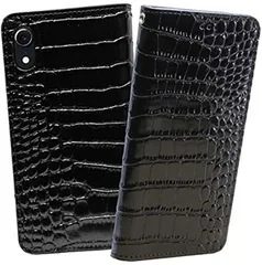 ReZuell クロコダイル x 牛革 apple . 手帳型 レザー ケース iphone XR( ブラック,  iphoneXR)