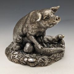 英国カントリーアーティスト社 純銀張り彫刻 母豚と6匹の子豚 フィギュリン