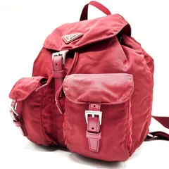【良品】 PRADA プラダ リュックサック バッグパック 三角ロゴプレート シルバー金具 大容量 A4収納 ロゴ型押し 総柄 白タグ テスートナイロン レディース レッド 赤色