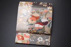 袋帯「唐織銀墨変わり市松台に小袖紋様」【中古】