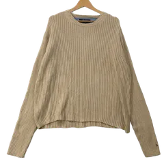 TOMMY HILFIGERトミーヒルフィガー ニット セーター リブ編み 長袖 袖刺繍 China製 メンズ M ベージュ