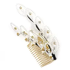 髪飾り コーム型 ラインストーン パール ゴールド 白 下がり ゆらゆら キラキラ リーフ 葉 小さい かんざし かわいい 粋 日本 No.9-3420