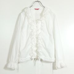 【美品】ピンクハウス★フリルレースたっぷり♪ローンブラウス 白系 前開き はしごレース&サテンリボン♪z14273