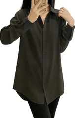 bubu o_hana(ブブ オーハナ) シャツ ブラウス 長袖 無地 ロールアップ スリーブ ワイシャツ 長め ポケットレス レディース 女性 用 春 夏 秋 冬 服 レギュラー カラー(ブラック,  M)