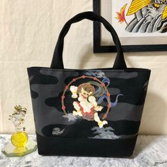 和柄ミニトートバッグ 風神雷神 ブラック ハンドメイド メンズ レディース ストリート ハンドバッグ