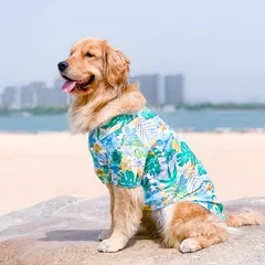 【ペット用】大型犬用 犬服 鮮やかな 熱帯雨林　ハワイアン風シャツ　緑