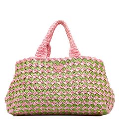 一度使用のみ　PRADA ラフィアクロケット　バッグ ピンク グリーン 一度使用のみ PRADA ラフィアクロケット バッグ ピンク グリーン 一度