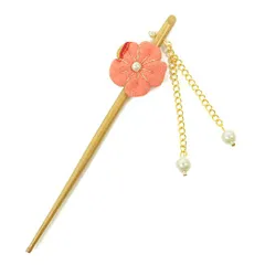 髪飾り 成人式 つまみ細工 振袖 前撮り 袴 花 かんざし 一本差し ピンク サーモンピンク ゴールド ちりめん パール 下がり 和 No.10-2889