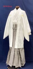 現品限り　used　紋付　羽織　着物　白地　ゴールド紋　袴　ゴールド紺ストライプ　2.55寸　177cm～ 3点セット　紋付袴　成人式　結婚式　新郎様　男着物　女着物　催事　式典　お祭り