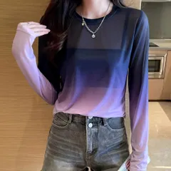 ☆ パープル ☆ XLサイズ ☆ グラデーションカラートップス シアー シアートップス 長袖 シアー トップス カットソー レディース グラデーション 春 夏 秋 シースルー 透け感 シンプル おしゃれ 大人 かわいい オシャレ 可愛い 重ね着 レイヤード