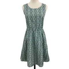 ナチュラルビューティーベーシック NATURAL BEAUTY BASIC ワンピース フレア Aライン ミニ ラウンドネック ウエストゴム 花柄 刺繍 ノースリーブ M 緑 黒 グリーン ブラック