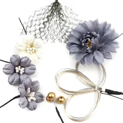 髪飾り 成人式 水引 振袖 前撮り 袴 花 7点セット ブルーグレー 青 灰色 白 黒 ゴールド 花 レース ニュアンスカラー かわいい No.12-0368