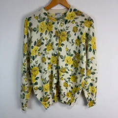 ニット カーディガン オフホワイト イエロー 花柄 総柄 ウール レディース 古着 カジュアル