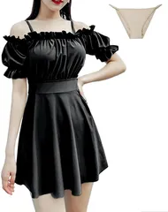 GIVEK ワンピース 水着 レディース オフショルダー 体型カバーできるパフスリーブ ハイウエスト 大きいサイズ オフショル水着 インナー付き( ブラック,  M)